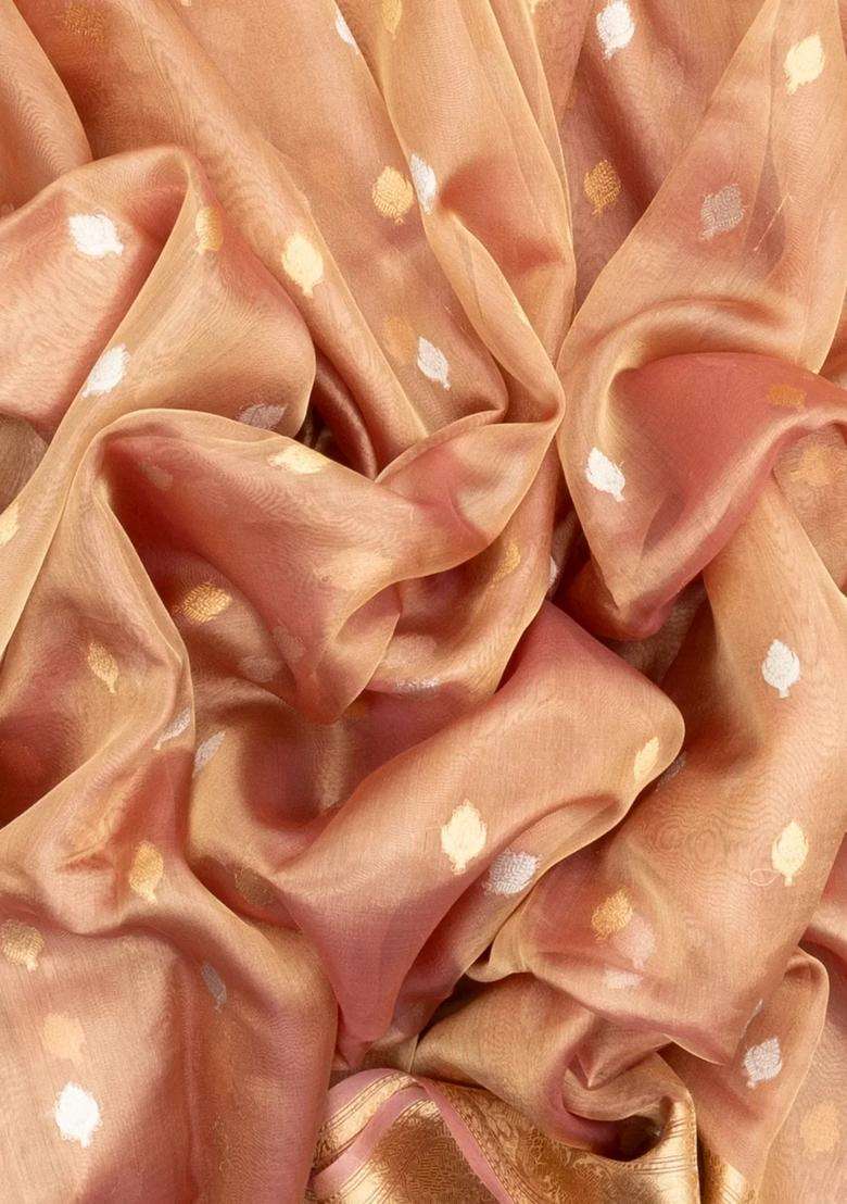 Light Peach Handloom Banarasi Tissue Silk Saree With Floral Motifs With Buttas And Brocade Design For Women - Indya