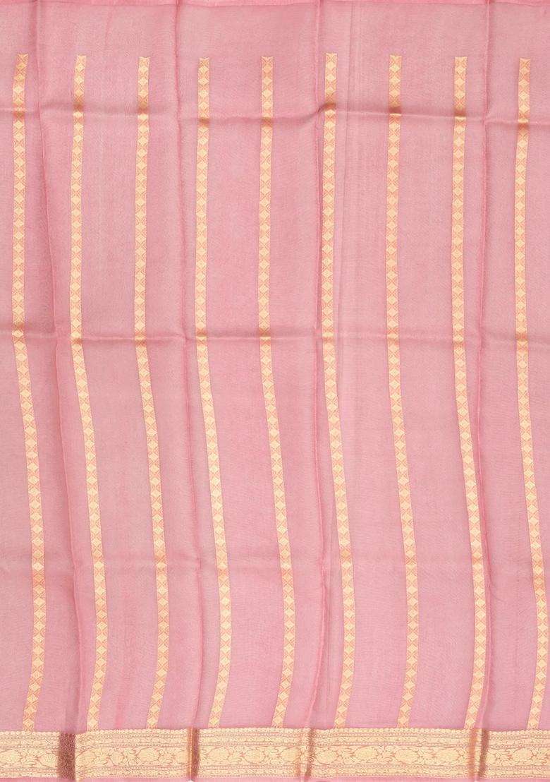 Light Peach Handloom Banarasi Tissue Silk Saree With Floral Motifs With Buttas And Brocade Design For Women - Indya