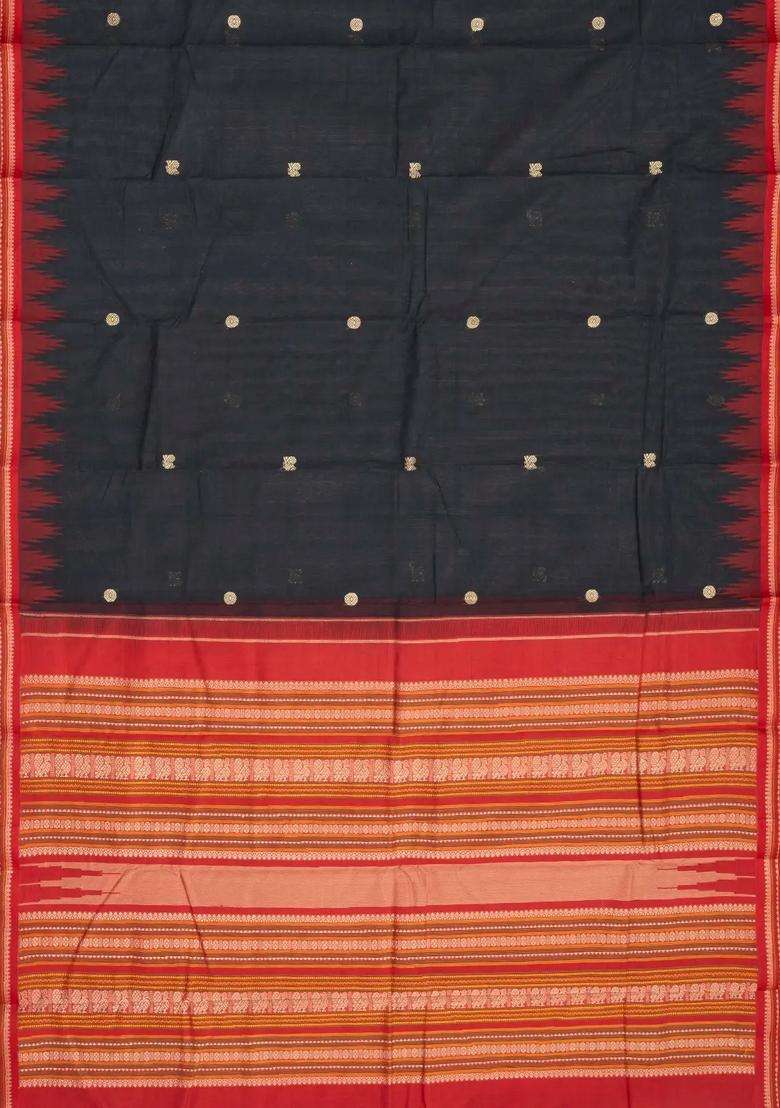 Black Handloom Korvai Kanchi Cotton Saree With Annam Buttas With Korvai And Temple Border Design For Women - Indya