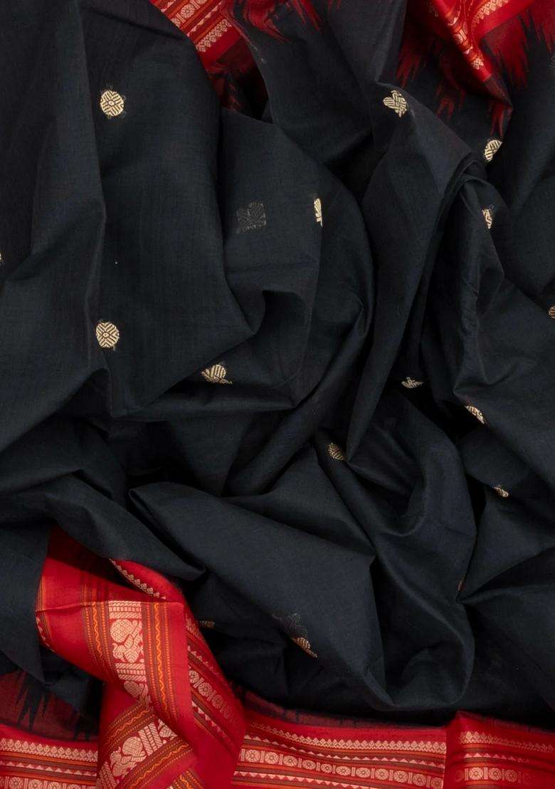 Black Handloom Korvai Kanchi Cotton Saree With Annam Buttas With Korvai And Temple Border Design For Women - Indya