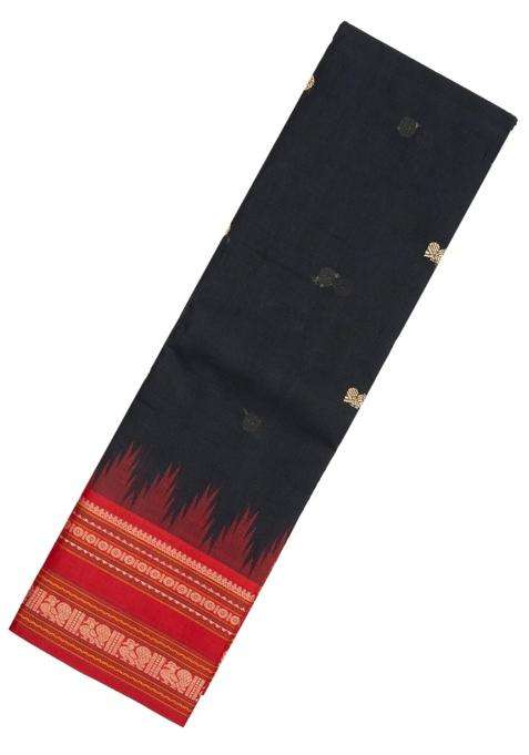 Black Handloom Korvai Kanchi Cotton Saree With Annam Buttas With Korvai And Temple Border Design For Women
