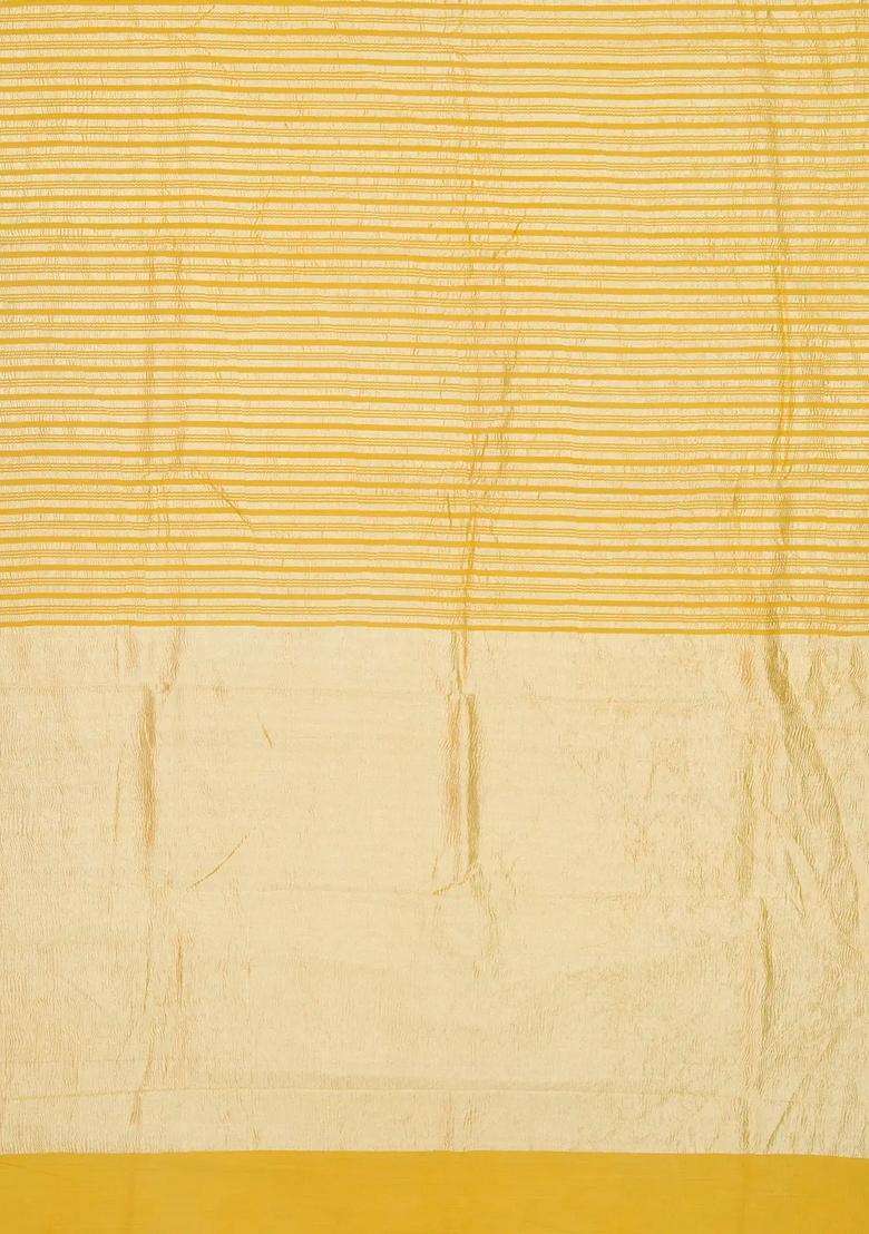 Yellow Woven Banarasi Khadi Georgette Silk Saree With Stripes With Checks And Stripes Design For Women - Indya