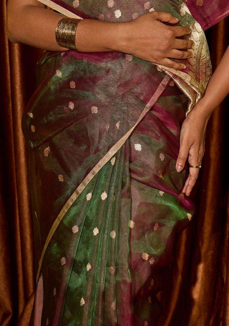 Dark Green Handloom Banarasi Tissue Silk Saree With Floral Motifs With Buttas And Brocade Design For Women - Indya