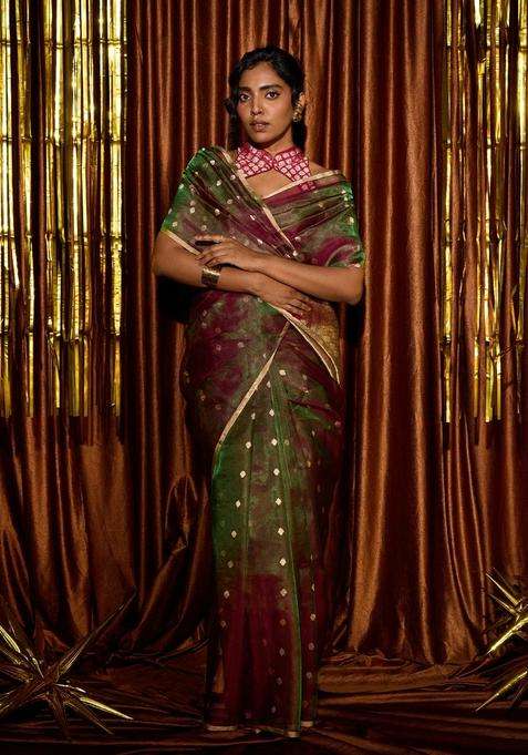 Dark Green Handloom Banarasi Tissue Silk Saree With Floral Motifs With Buttas And Brocade Design For Women