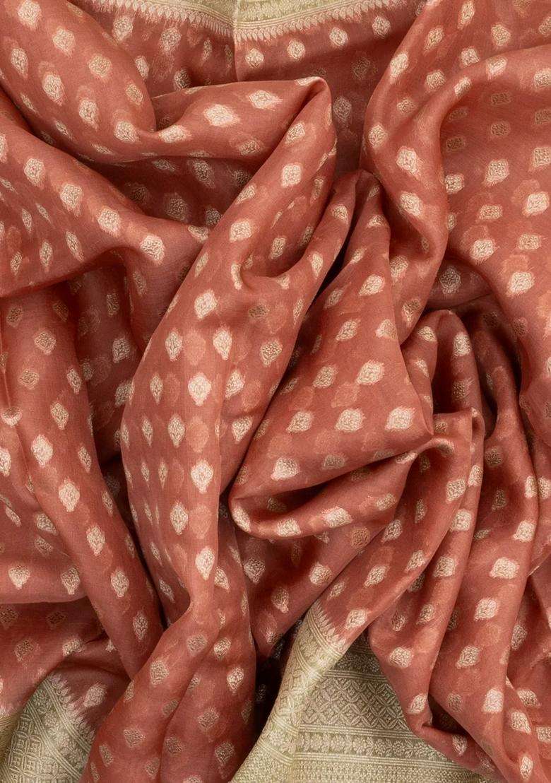 Peach Handloom Banarasi Organza Silk Saree With Floral Motifs With Buttas And Brocade Design For Women - Indya