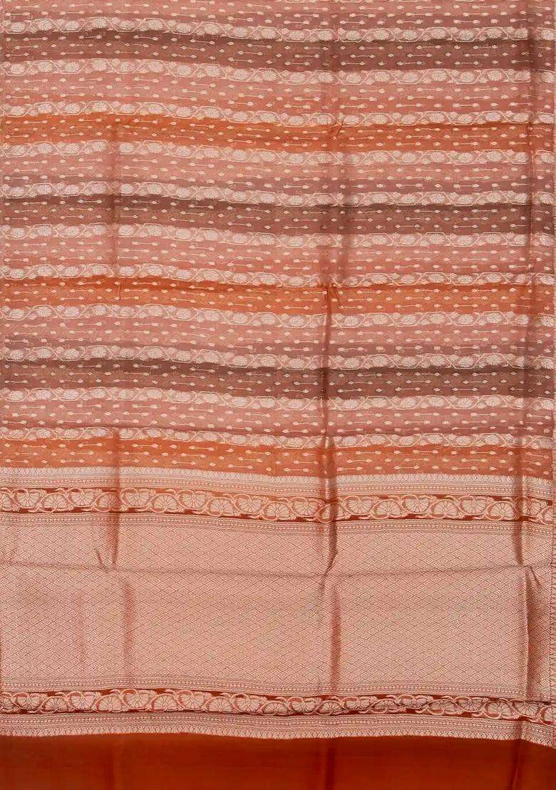 Peach Handloom Banarasi Organza Silk Saree With Floral Stripes With Buttas And Brocade Design For Women - Indya