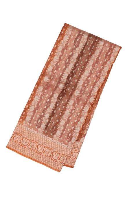 Peach Handloom Banarasi Organza Silk Saree With Floral Stripes With Buttas And Brocade Design For Women