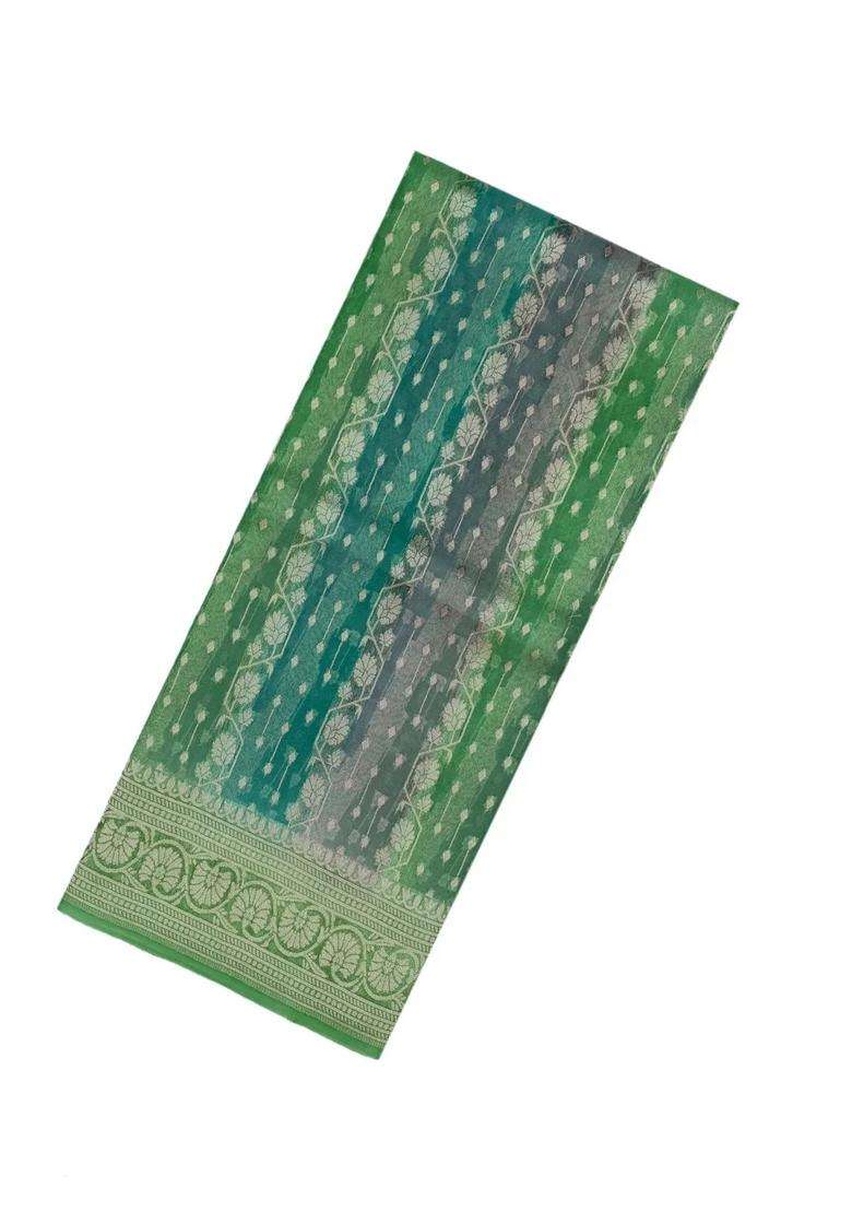 Green Handloom Banarasi Organza Silk Saree With Floral Stripes With Buttas And Brocade Design For Women - Indya