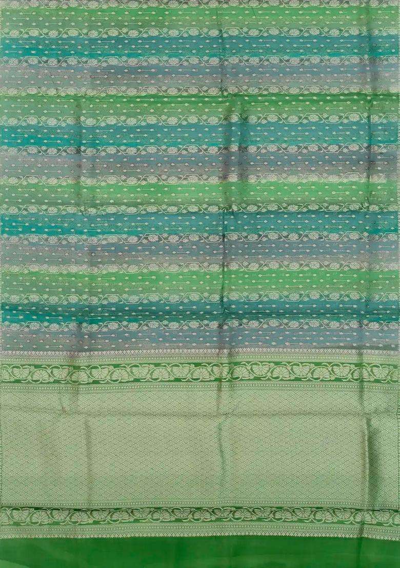 Green Handloom Banarasi Organza Silk Saree With Floral Stripes With Buttas And Brocade Design For Women - Indya