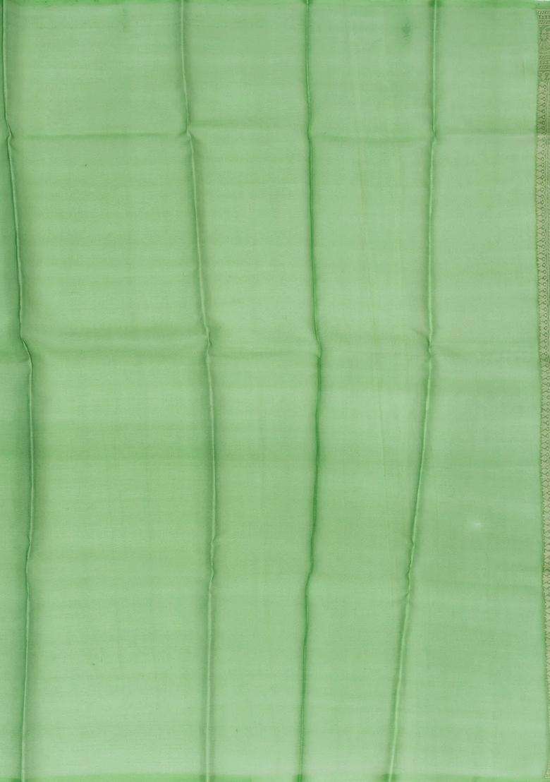 Green Handloom Banarasi Organza Silk Saree With Floral Stripes With Buttas And Brocade Design For Women - Indya
