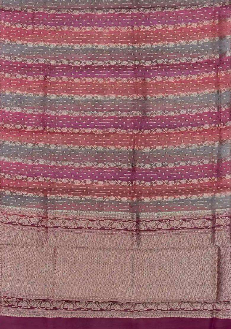Magenta Handloom Banarasi Organza Silk Saree With Floral Stripes With Buttas And Brocade Design For Women - Indya