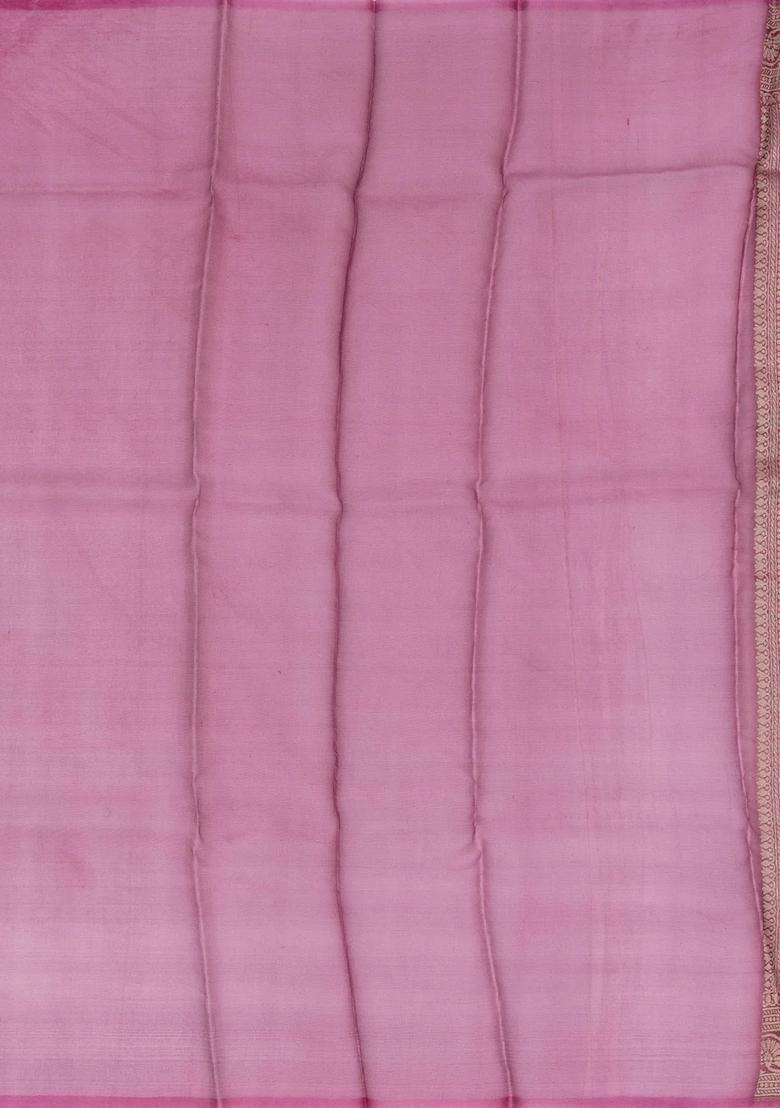 Magenta Handloom Banarasi Organza Silk Saree With Floral Stripes With Buttas And Brocade Design For Women - Indya