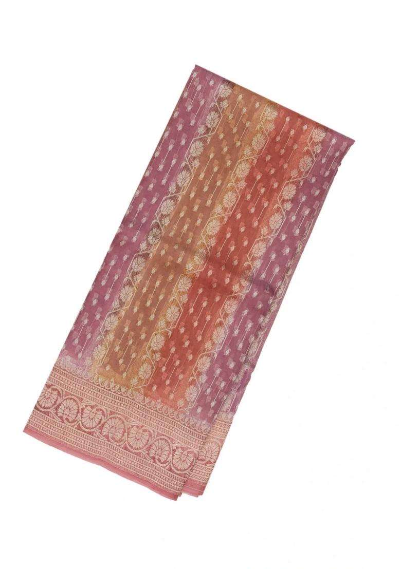 Dusty Pink Handloom Banarasi Organza Silk Saree With Floral Stripes With Buttas And Brocade Design For Women - Indya