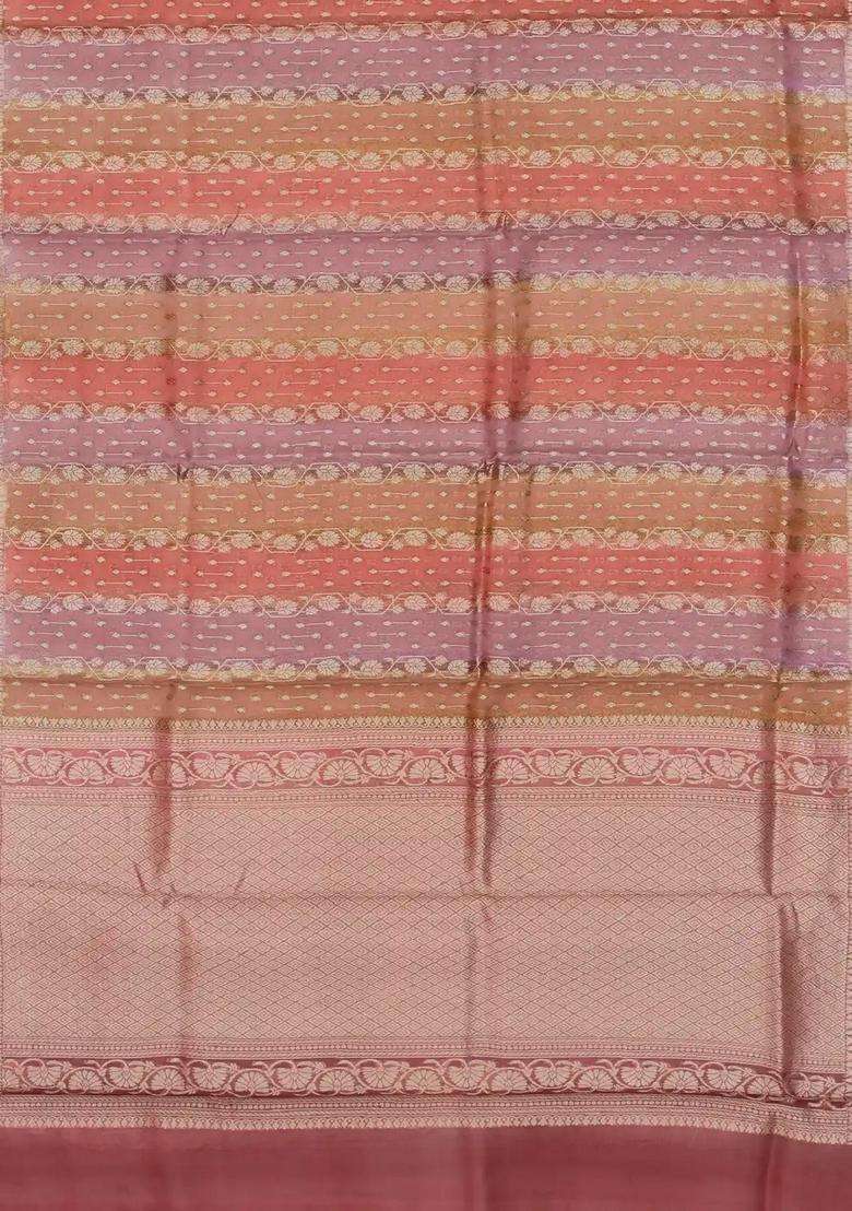 Dusty Pink Handloom Banarasi Organza Silk Saree With Floral Stripes With Buttas And Brocade Design For Women - Indya