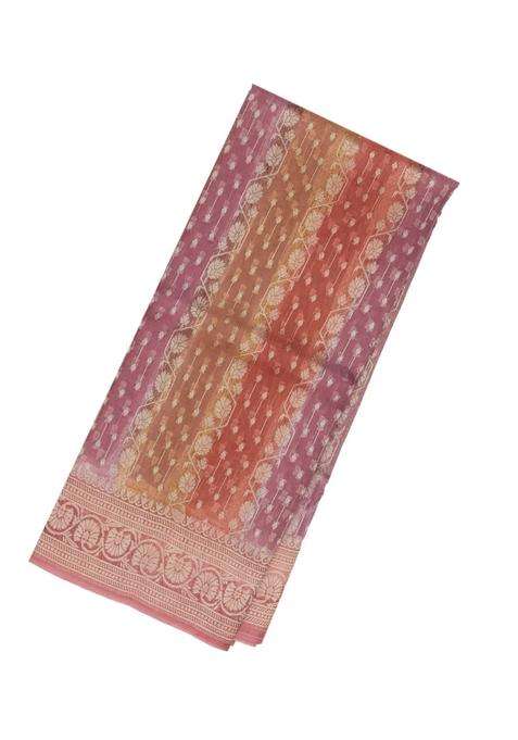 Dusty Pink Handloom Banarasi Organza Silk Saree With Floral Stripes With Buttas And Brocade Design For Women
