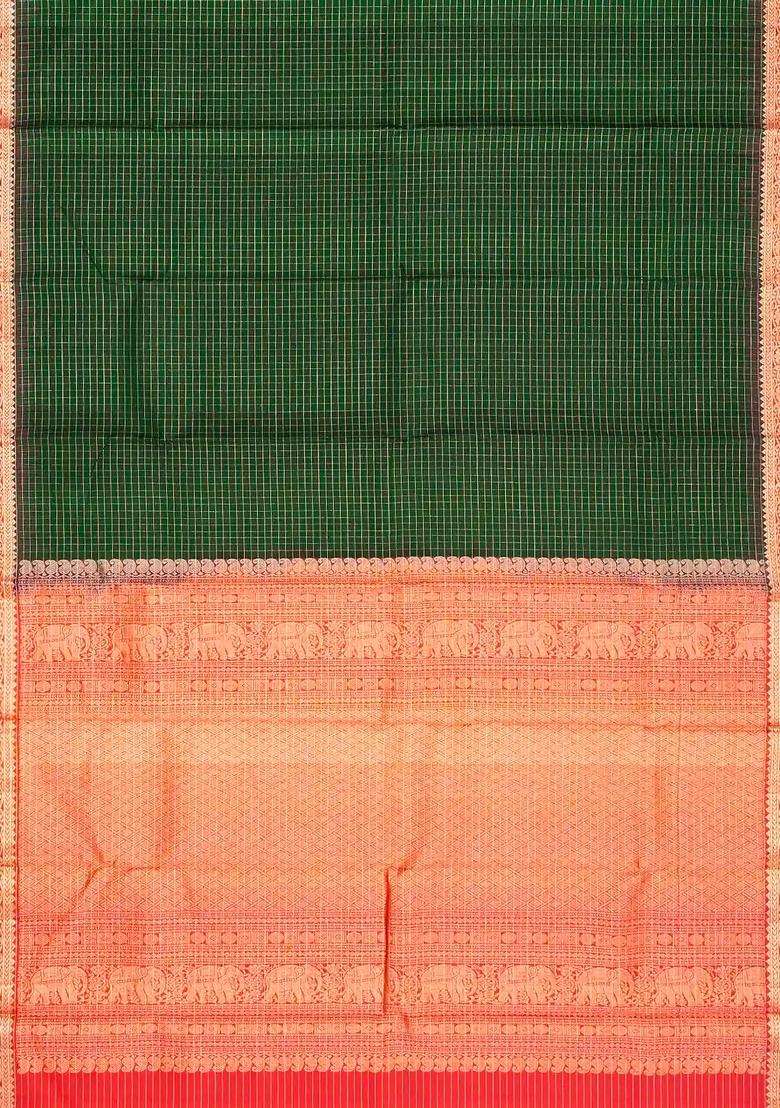 Bottle Green Handloom Soft Silk Saree With Checks Contrast Border With Checks And Stripes Design For Women - Indya