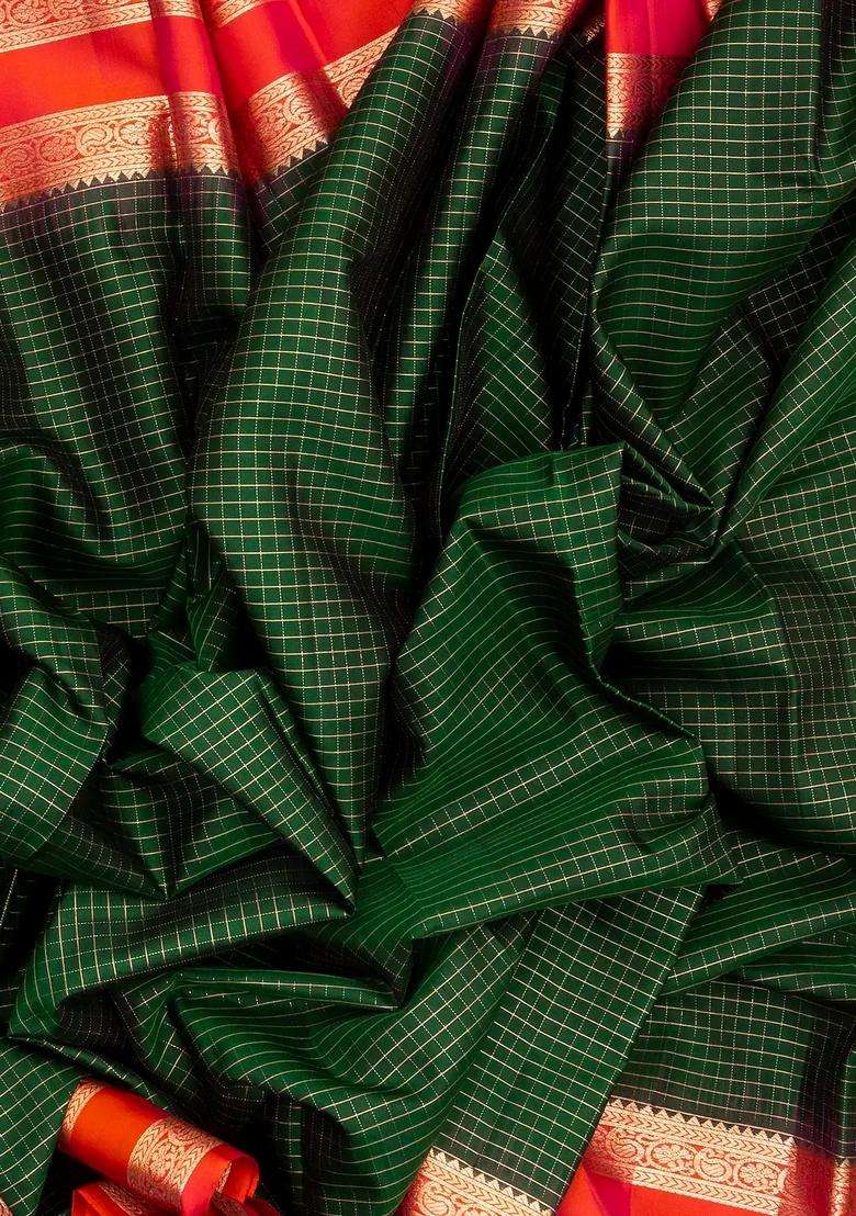 Bottle Green Handloom Soft Silk Saree With Checks Contrast Border With Checks And Stripes Design For Women - Indya