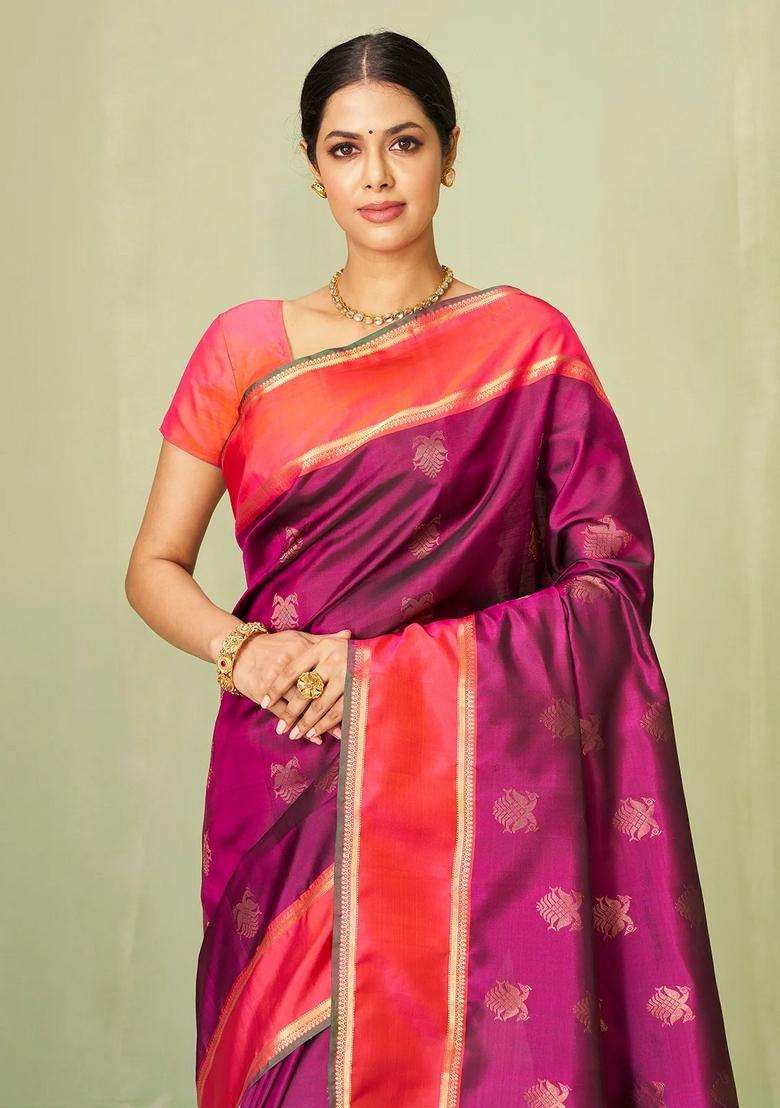 Magenta Handloom Soft Silk Saree With Buttas Contrast Border With Buttas And Brocade Design For Women - Indya