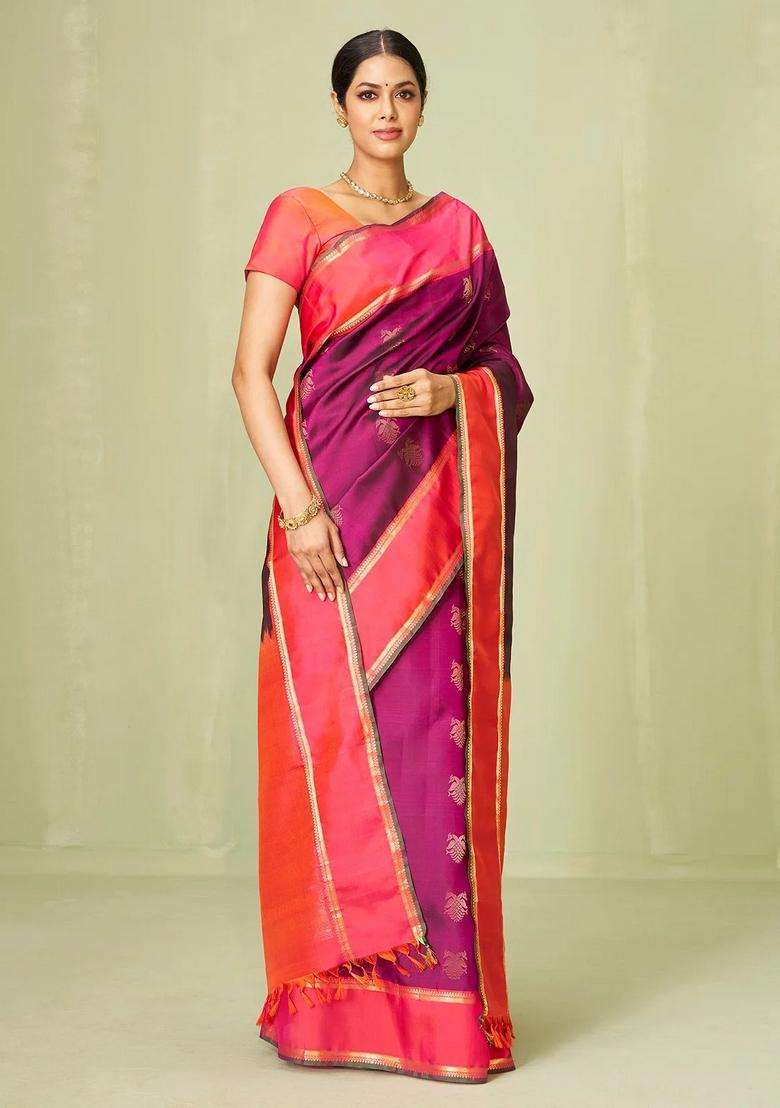 Magenta Handloom Soft Silk Saree With Buttas Contrast Border With Buttas And Brocade Design For Women - Indya