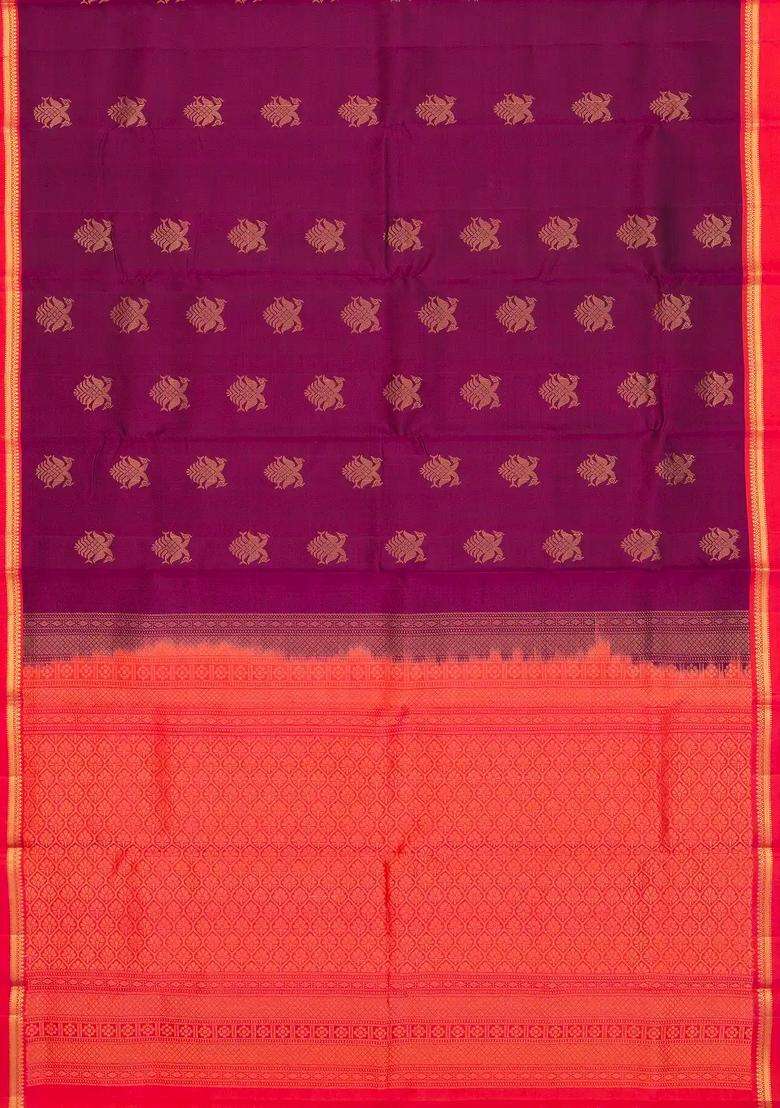 Magenta Handloom Soft Silk Saree With Buttas Contrast Border With Buttas And Brocade Design For Women - Indya
