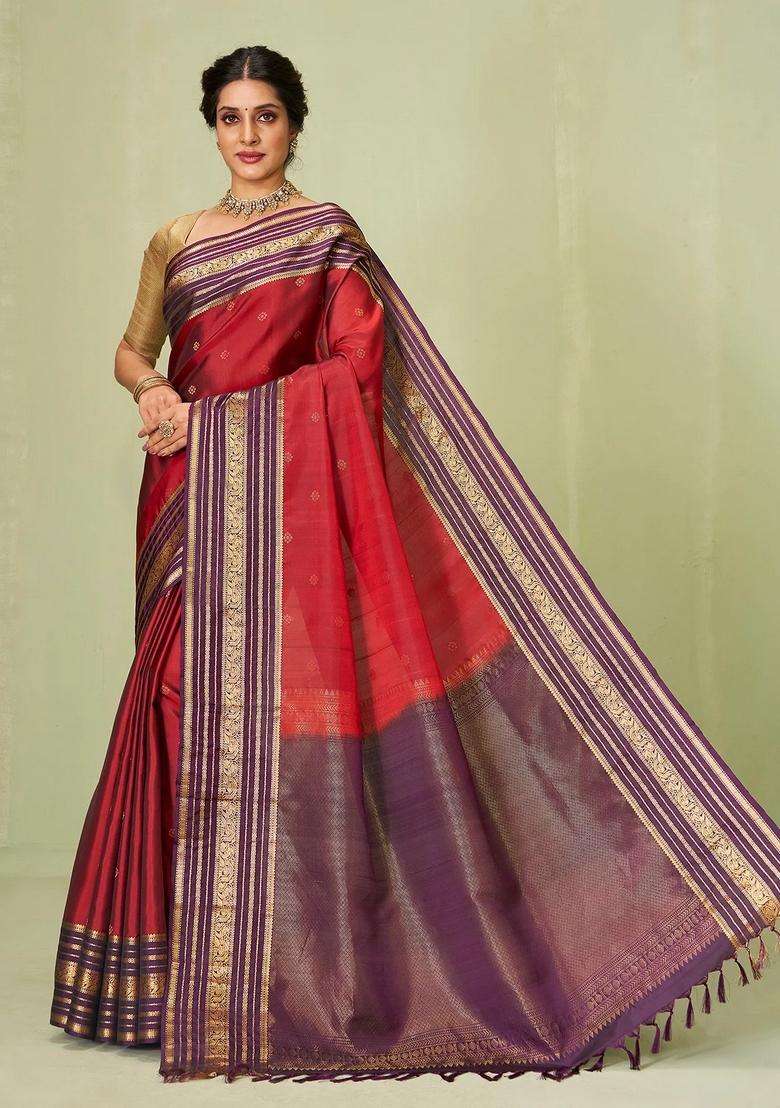 Crimson Handloom Soft Silk Saree With Buttas Contrast Border With Buttas And Brocade Design For Women - Indya