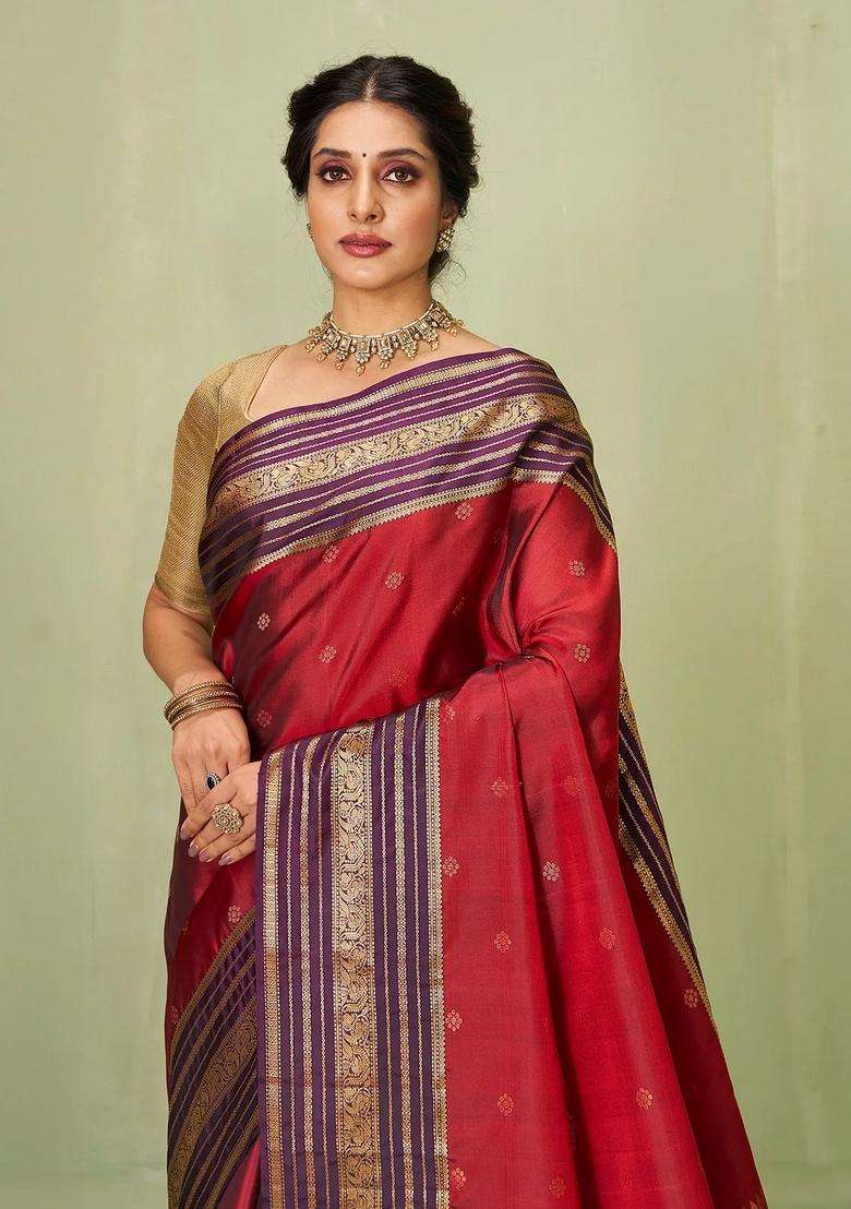 Crimson Handloom Soft Silk Saree With Buttas Contrast Border With Buttas And Brocade Design For Women - Indya