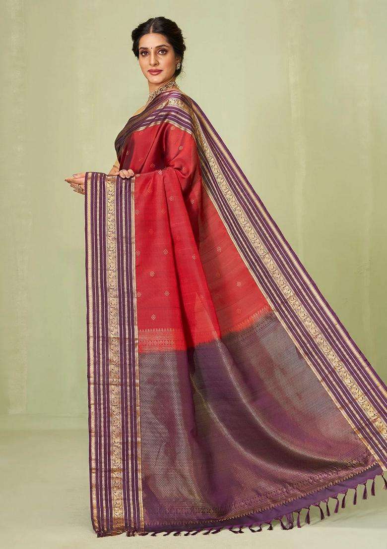 Crimson Handloom Soft Silk Saree With Buttas Contrast Border With Buttas And Brocade Design For Women - Indya