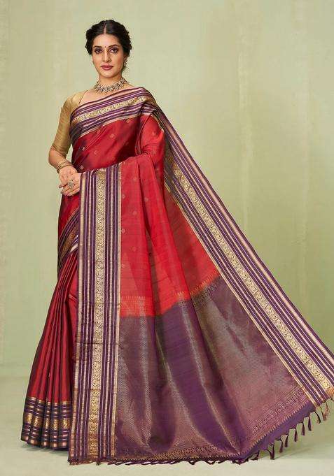 Crimson Handloom Soft Silk Saree With Buttas Contrast Border With Buttas And Brocade Design For Women