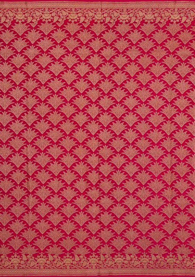 Magenta Handloom Banarasi Khadi Georgette Silk Saree With Floral Motifs With Buttas And Brocade Design For Women - Indya