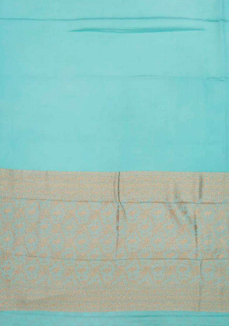 Light Blue Handloom Banarasi Khadi Georgette Silk Saree With Floral Motifs With Traditional Woven Design For Women - Indya