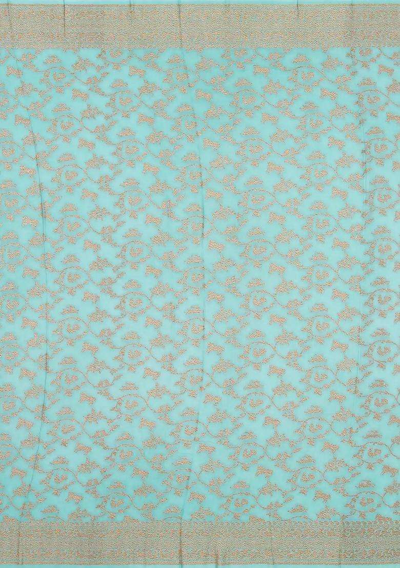 Light Blue Handloom Banarasi Khadi Georgette Silk Saree With Floral Motifs With Traditional Woven Design For Women - Indya