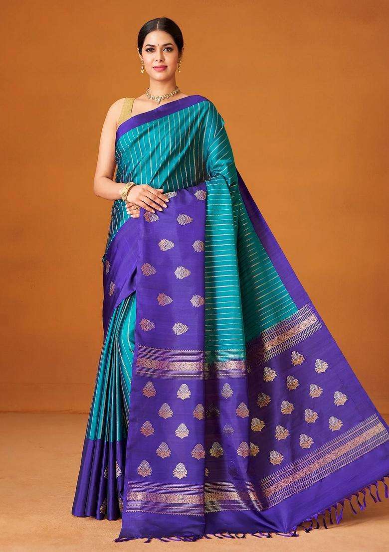 Teal Handloom Soft Silk Saree With Stripes Contrast Border With Checks And Stripes Design For Women - Indya