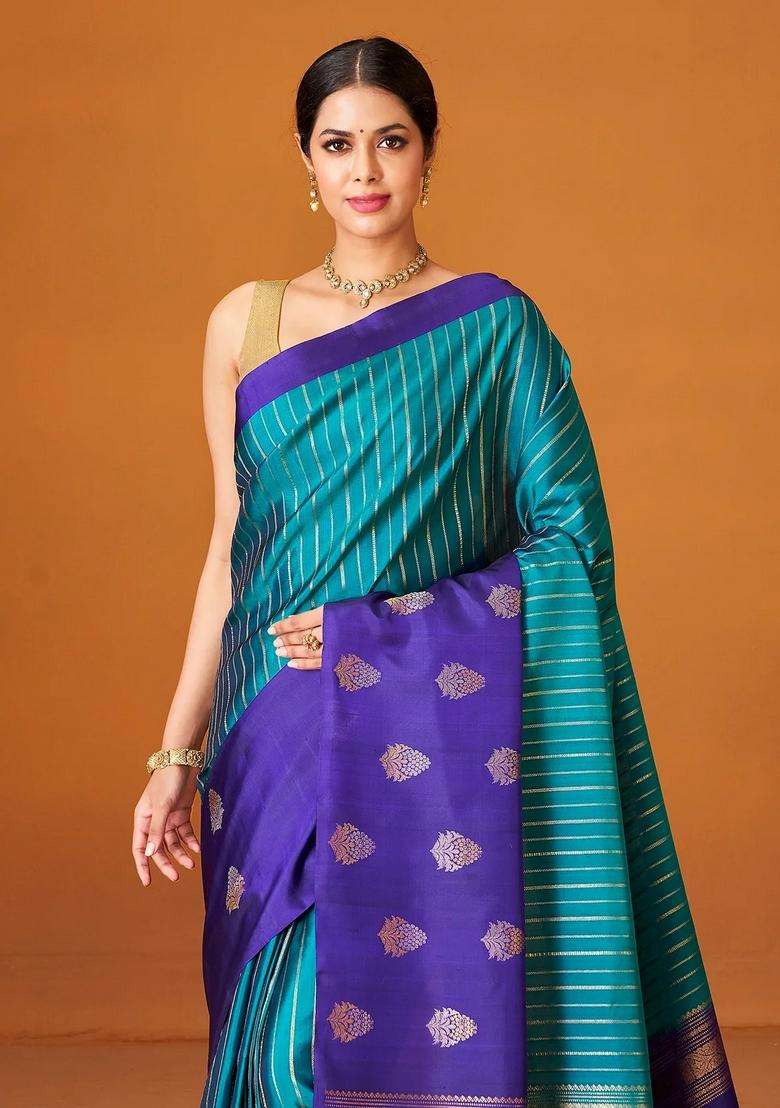 Teal Handloom Soft Silk Saree With Stripes Contrast Border With Checks And Stripes Design For Women - Indya