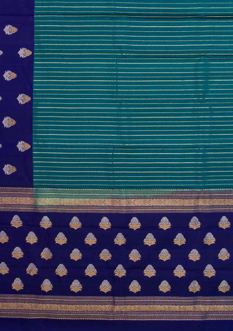 Teal Handloom Soft Silk Saree With Stripes Contrast Border With Checks And Stripes Design For Women - Indya