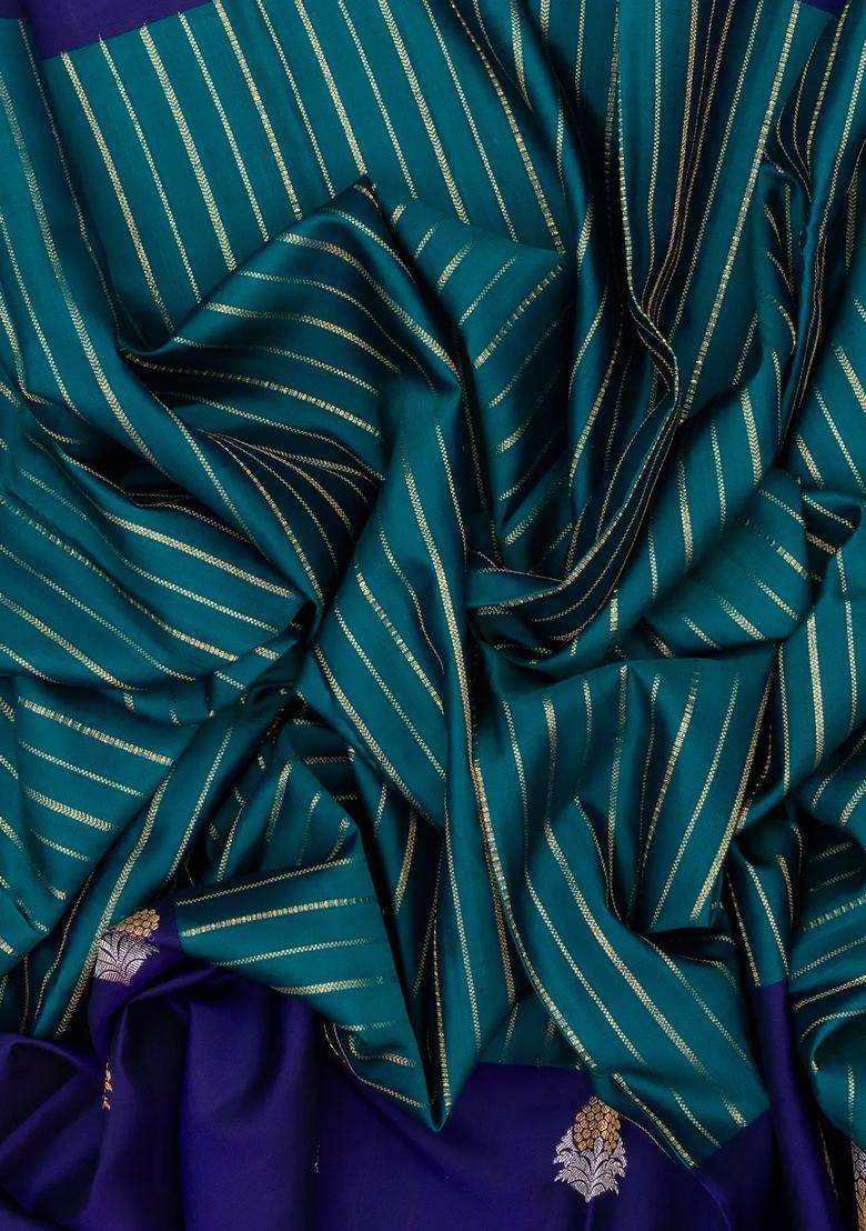 Teal Handloom Soft Silk Saree With Stripes Contrast Border With Checks And Stripes Design For Women - Indya
