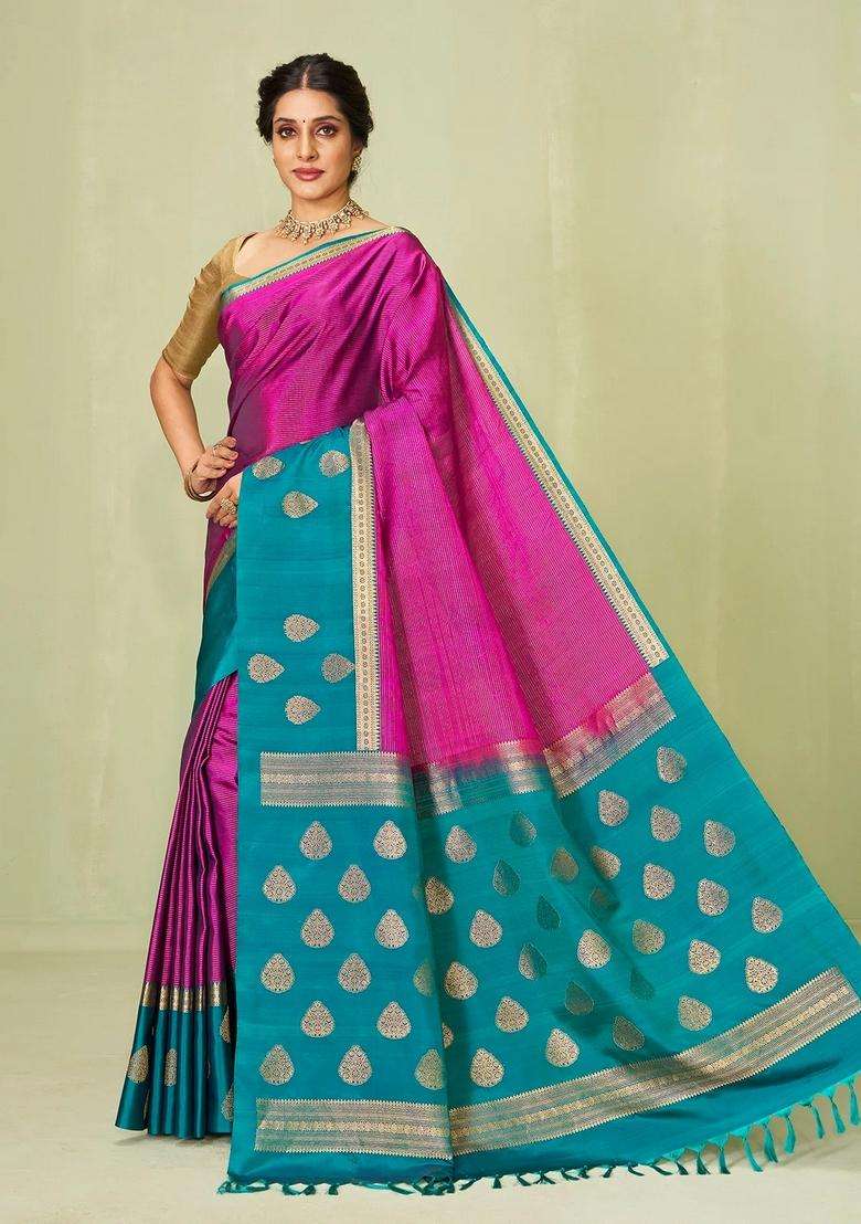 Magenta Handloom Soft Silk Saree With Stripes Contrast Border With Checks And Stripes Design For Women - Indya