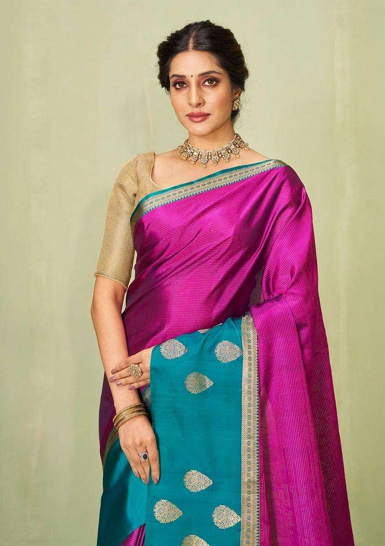 Magenta Handloom Soft Silk Saree With Stripes Contrast Border With Checks And Stripes Design For Women - Indya