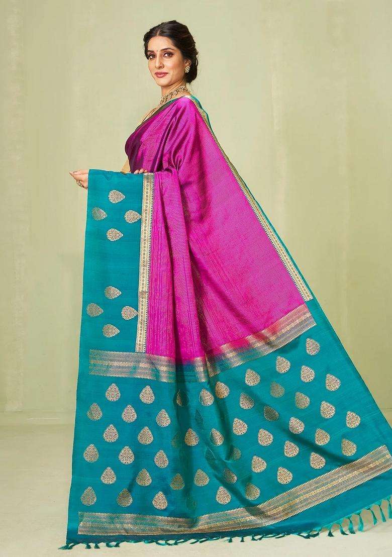 Magenta Handloom Soft Silk Saree With Stripes Contrast Border With Checks And Stripes Design For Women - Indya