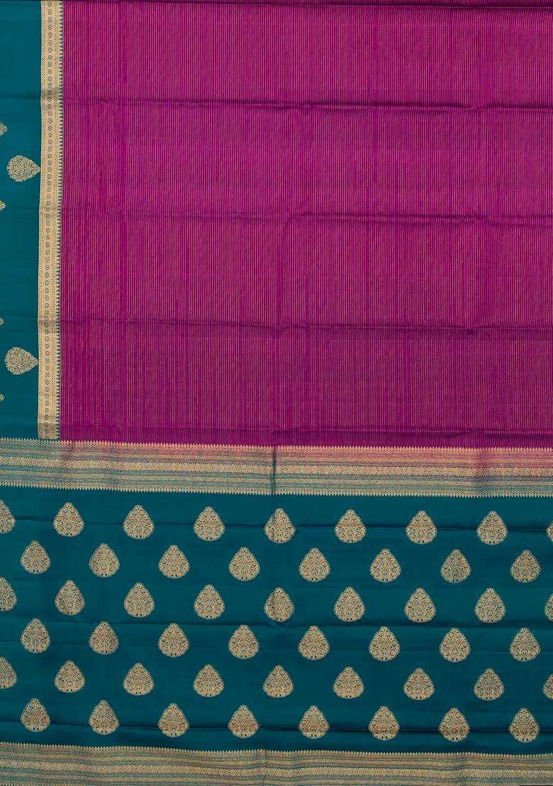 Magenta Handloom Soft Silk Saree With Stripes Contrast Border With Checks And Stripes Design For Women - Indya