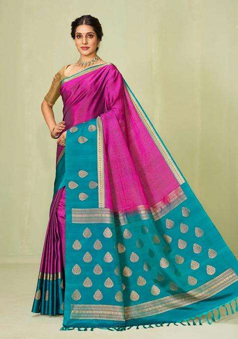 Magenta Handloom Soft Silk Saree With Stripes Contrast Border With Checks And Stripes Design For Women