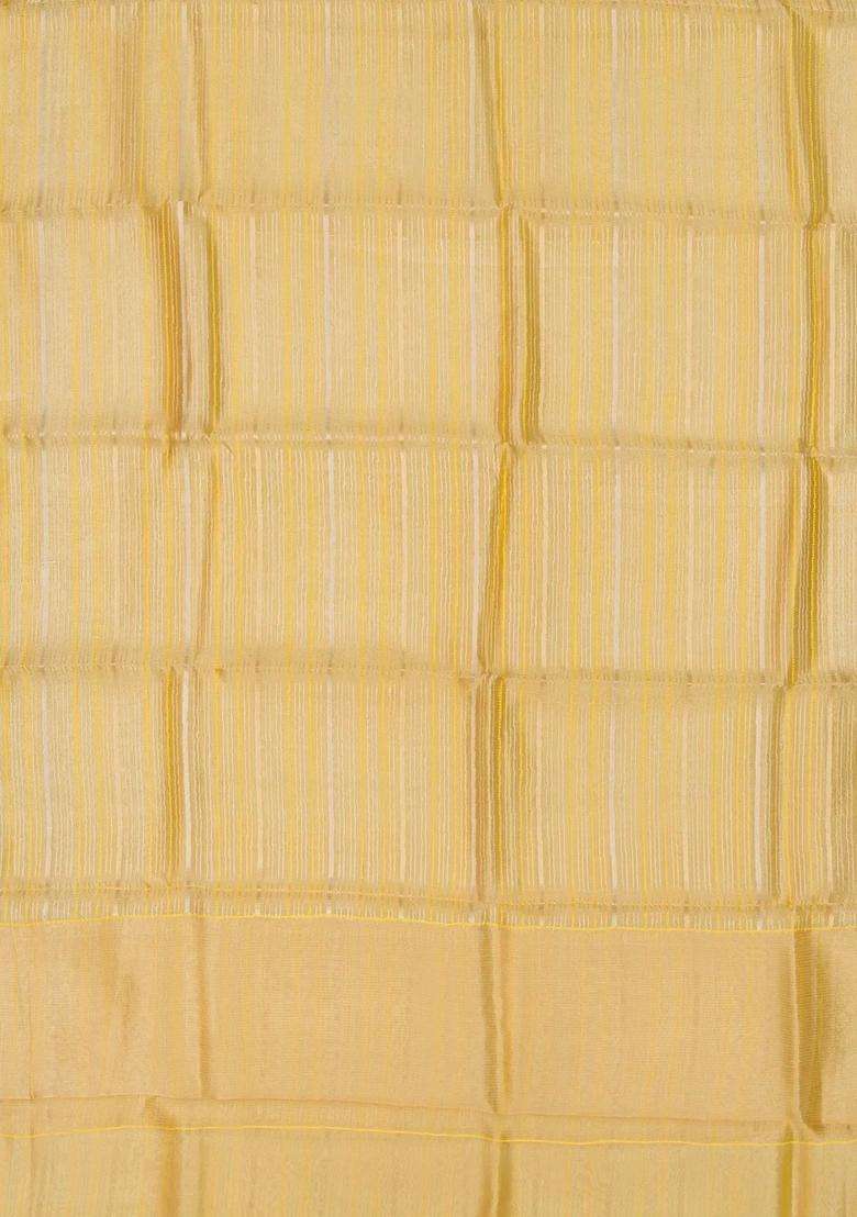 Yellow Woven Banarasi Organza Silk Saree With Stripes With Checks And Stripes Design For Women - Indya
