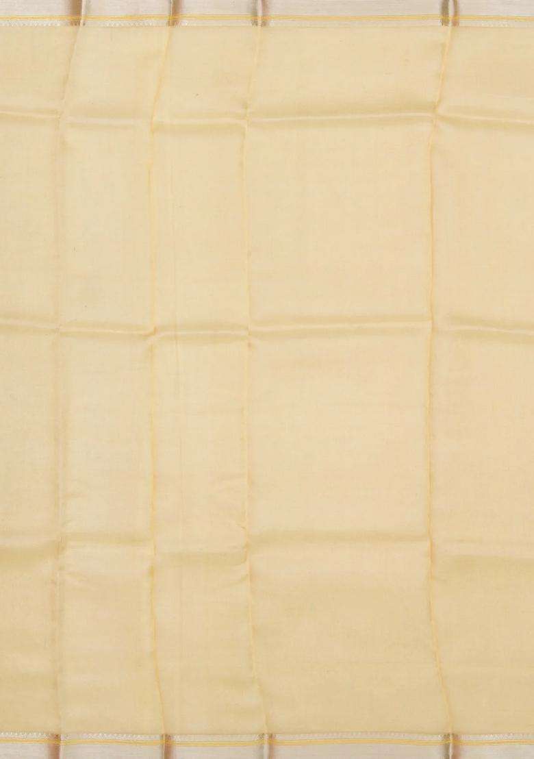 Yellow Woven Banarasi Organza Silk Saree With Stripes With Checks And Stripes Design For Women - Indya
