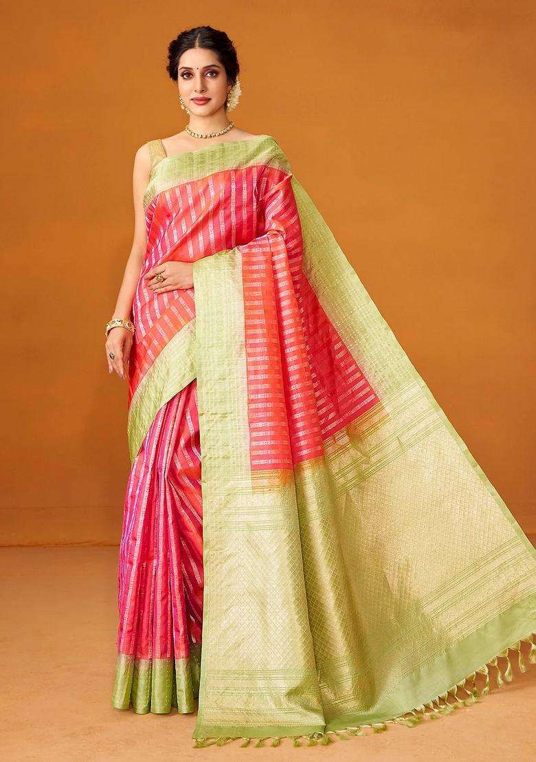 Dark Peach Handloom Soft Silk Saree With Floral Stripes With Checks And Stripes Design For Women - Indya
