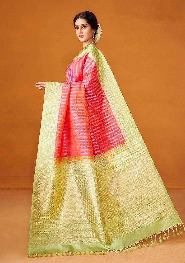 Dark Peach Handloom Soft Silk Saree With Floral Stripes With Checks And Stripes Design For Women - Indya