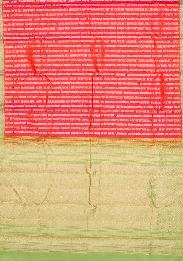 Dark Peach Handloom Soft Silk Saree With Floral Stripes With Checks And Stripes Design For Women - Indya