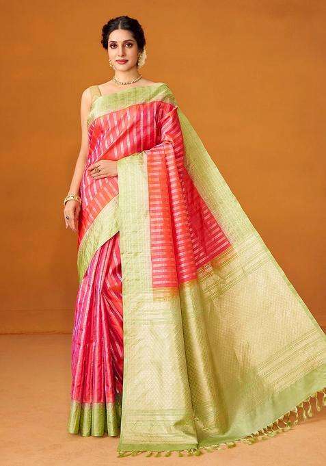 Dark Peach Handloom Soft Silk Saree With Floral Stripes With Checks And Stripes Design For Women