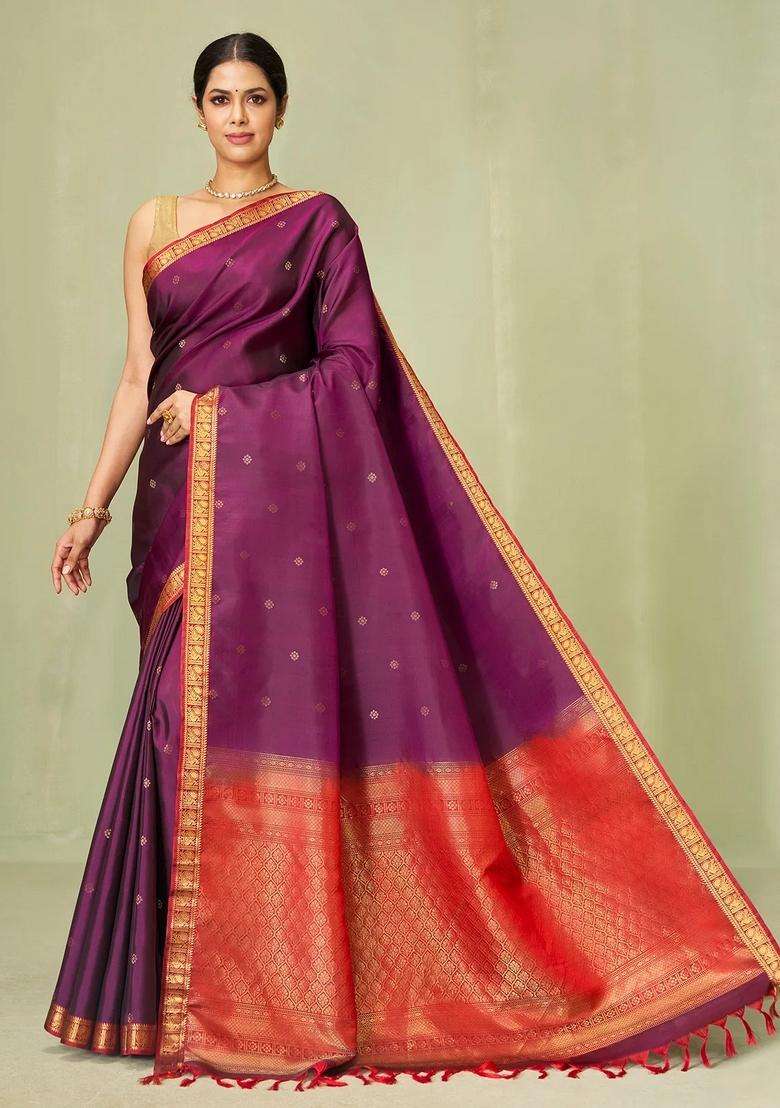 Magenta Handloom Soft Silk Saree With Kamalam Buttas With Buttas And Brocade Design For Women - Indya
