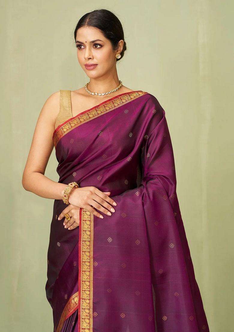 Magenta Handloom Soft Silk Saree With Kamalam Buttas With Buttas And Brocade Design For Women - Indya