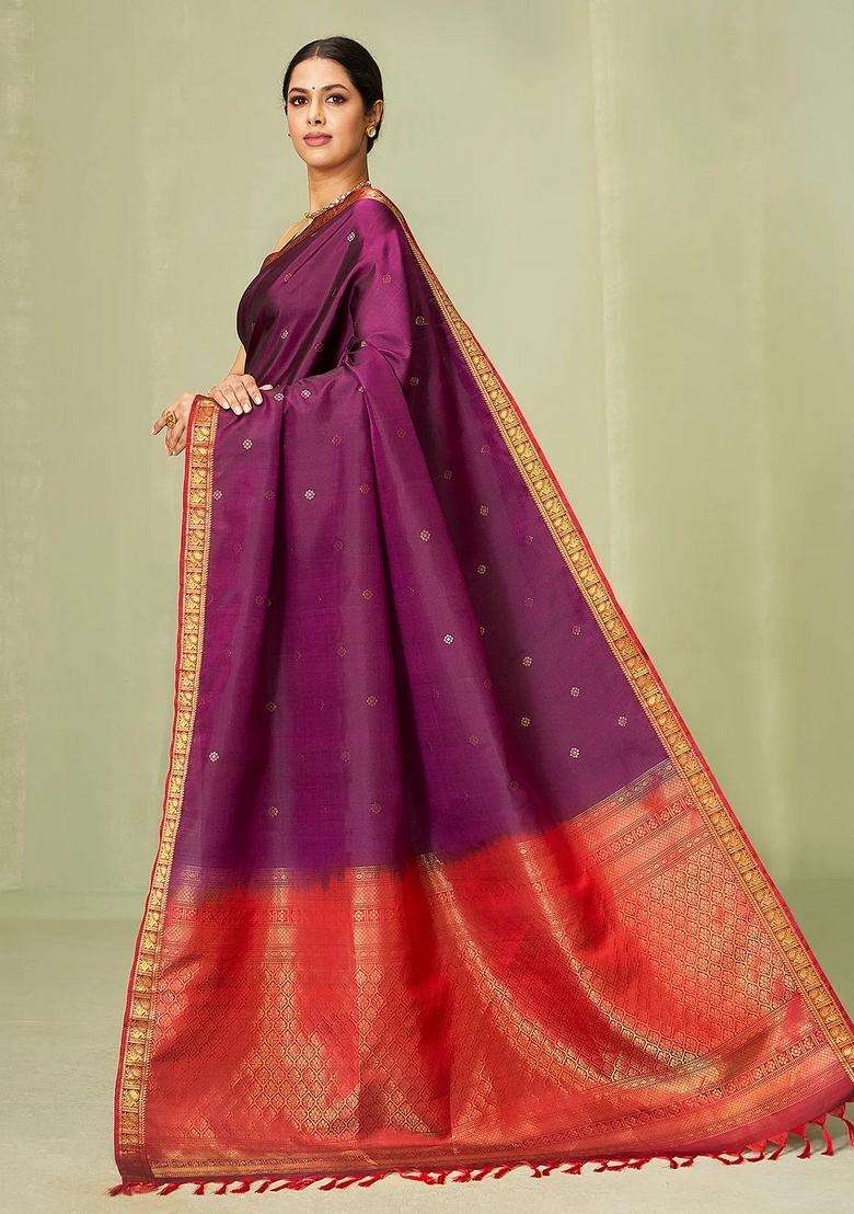 Magenta Handloom Soft Silk Saree With Kamalam Buttas With Buttas And Brocade Design For Women - Indya