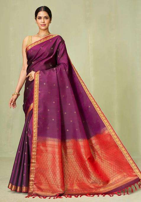 Magenta Handloom Soft Silk Saree With Kamalam Buttas With Buttas And Brocade Design For Women